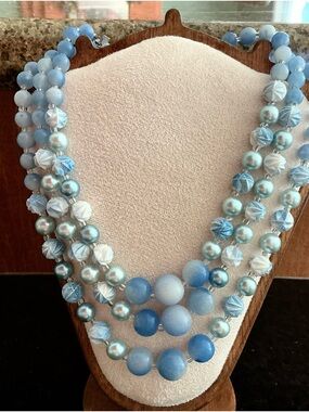 Vintage Japan Three-Strand Blue Beaded Statement Necklace